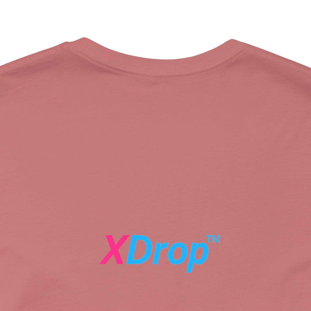 back view of unisex jersey short sleeve tee in dusty rose with xDrop logo