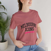 Unisex jersey short sleeve tee in pink with Melbourne Icons print, premium cotton, retail fit and tear-away label for comfort