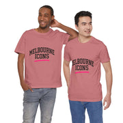 Two men wearing Melbournes Icons unisex jersey short sleeve tees in dusty rose pink with premium cotton fabric and retail fit