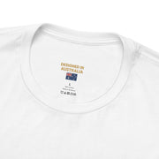 Close-up of white unisex jersey short sleeve tee with ribbed collar, made from 100% premium cotton, designed in Australia.