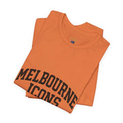 Orange unisex jersey short sleeve tee with Melbourne Icons print, premium 100% cotton, retail fit, and tear-away label