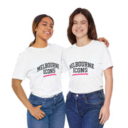 Two women wearing white unisex jersey short sleeve tees with "Melbourne Icons" print paired with blue jeans