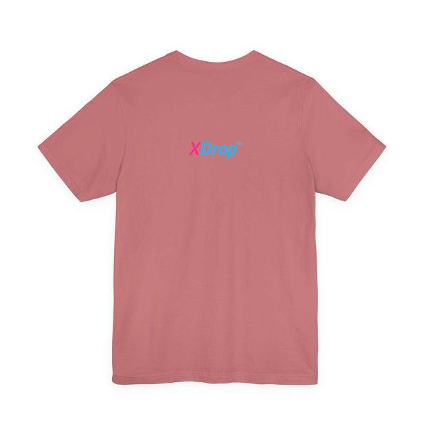 Unisex jersey short sleeve tee in rose pink with xDrop logo on back, made from premium breathable cotton with retail fit and tear-away label.
