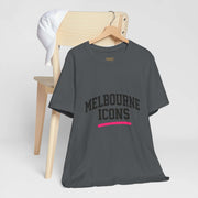 Unisex jersey short sleeve tee in dark gray with "Melbourne Icons" print, premium cotton, retail fit, breathable and soft.