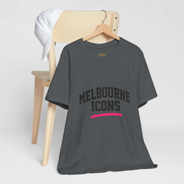 Unisex jersey short sleeve tee in dark gray with "Melbourne Icons" print, premium cotton, retail fit, breathable and soft.