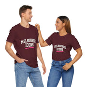 Unisex jersey short sleeve tee in maroon with Melbourne Icons print, premium cotton, retail fit