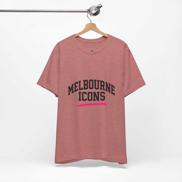 Unisex jersey short sleeve tee in pink with Melbourne Icons print, premium 100% cotton, streetwear fit, breathable and soft
