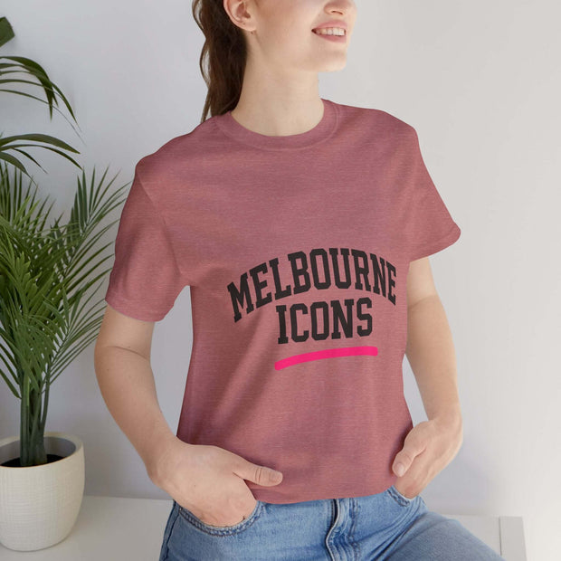 Unisex jersey short sleeve tee in pink with Melbourne Icons print, premium cotton, streetwear fit