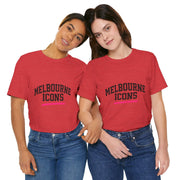 Unisex jersey short sleeve tee in red with "Melbourne Icons" text, premium cotton, streetwear fit