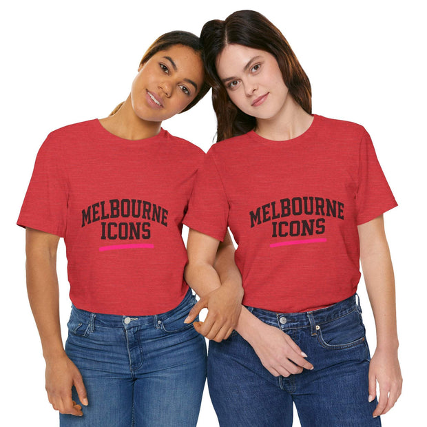 Unisex jersey short sleeve tee in red with "Melbourne Icons" text, premium cotton, streetwear fit