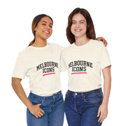 Two women wearing white unisex jersey short sleeve tees with "Melbourne Icons" text, styled with jeans