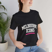 Unisex jersey short sleeve tee in black with "Melbourne Icons" print, premium 100% cotton, streetwear retail fit.