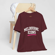 Unisex jersey short sleeve tee in maroon with Melbourne Icons print, premium cotton streetwear fit