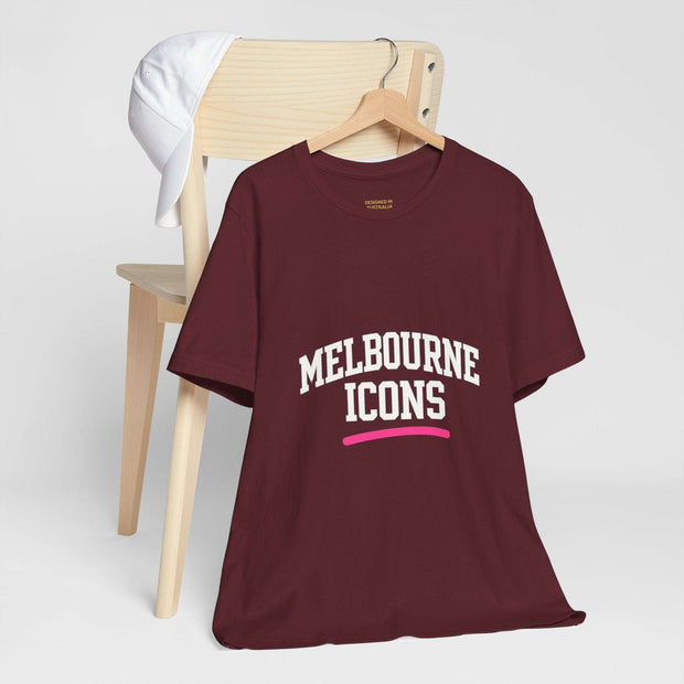 Unisex jersey short sleeve tee in maroon with Melbourne Icons print, premium cotton streetwear fit