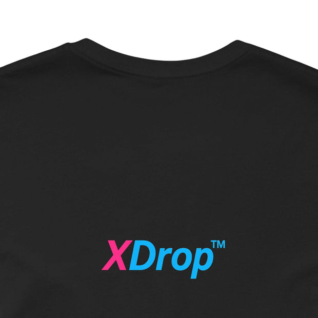 Black unisex jersey short sleeve tee with XDdrop logo printed on back, made of premium 100% cotton