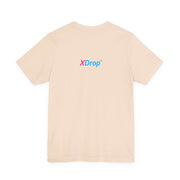 unisex jersey short sleeve tee in beige with XDrop logo on back, premium cotton, retail fit