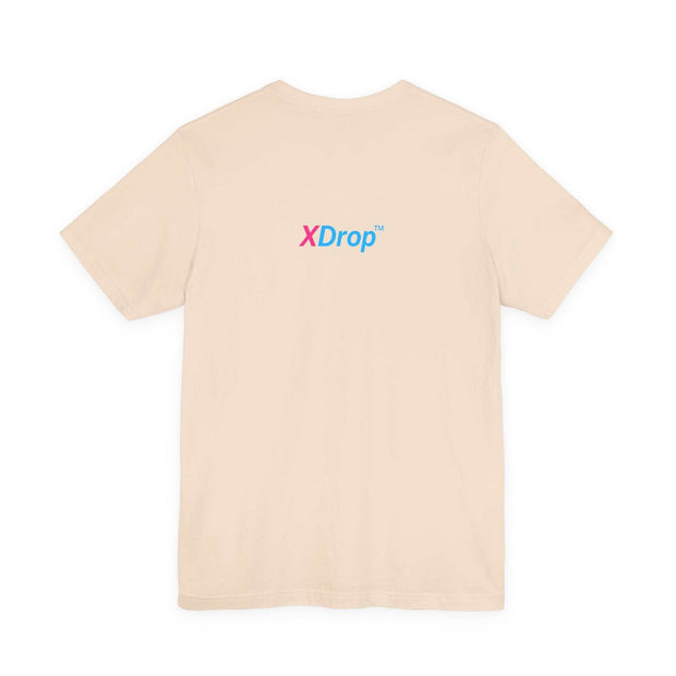 unisex jersey short sleeve tee in beige with XDrop logo on back, premium cotton, retail fit