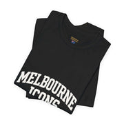 Black unisex jersey short sleeve tee with Melbourne Icons print, premium cotton, retail fit, breathable and soft