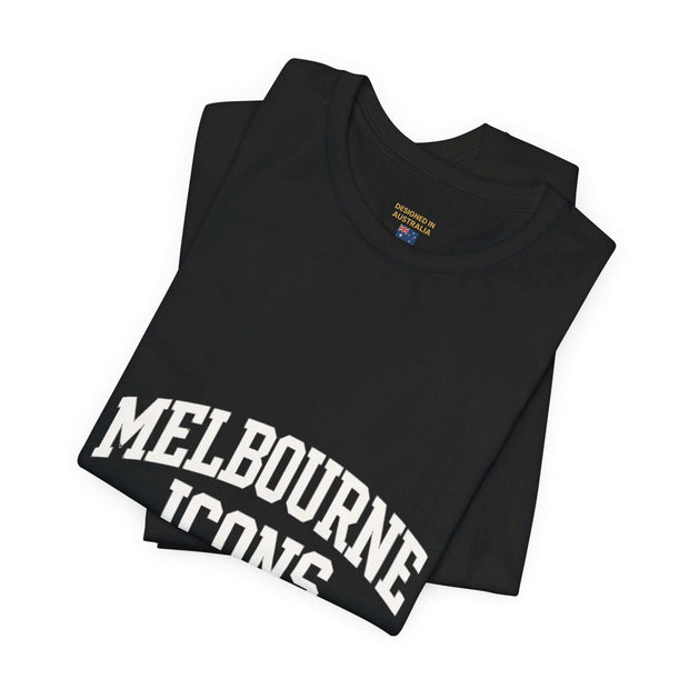 Black unisex jersey short sleeve tee with Melbourne Icons print, premium cotton, retail fit, breathable and soft