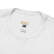 Close-up view of white unisex jersey short sleeve tee with printed "Designed in Australia" label and Australian flag inside collar