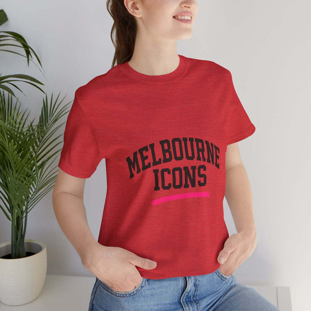 Unisex jersey short sleeve tee in red with Melbourne Icons print, premium cotton, retail fit, breathable and soft