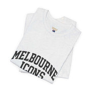 Folded white unisex jersey short sleeve tee with Melbourne Icons print, made from premium cotton