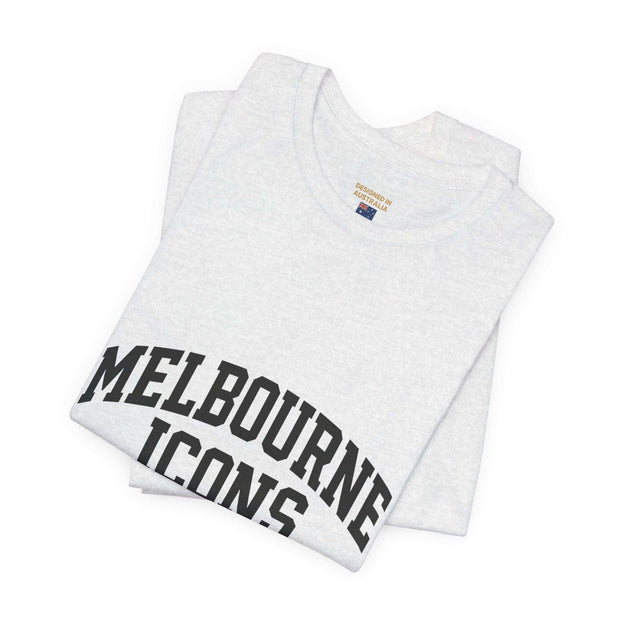 Folded white unisex jersey short sleeve tee with Melbourne Icons print, made from premium cotton
