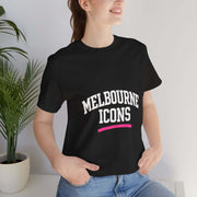 Unisex jersey short sleeve tee in black with "Melbourne Icons" print, premium 100% cotton, retail fit, soft and breathable streetwear shirt