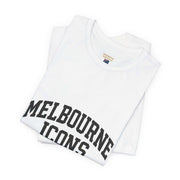 Unisex jersey short sleeve tee in white with Melbourne Icons print, made from premium 100% cotton, soft and breathable with retail fit and tear-away label for comfort