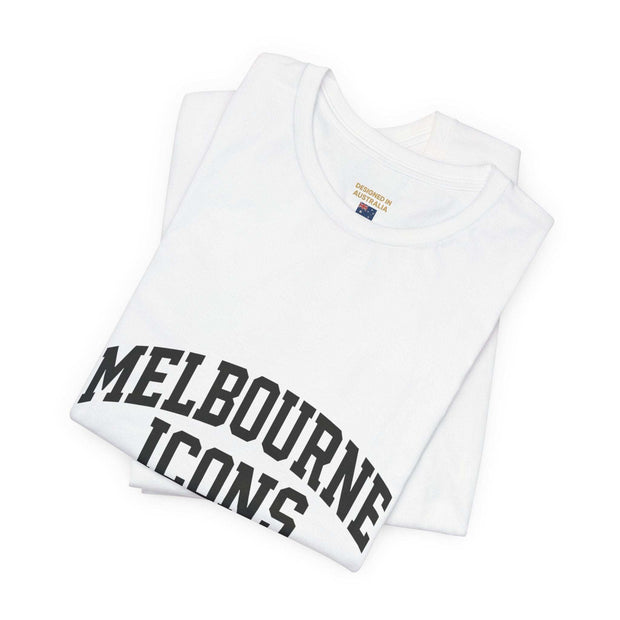 Unisex jersey short sleeve tee in white with Melbourne Icons print, made from premium 100% cotton, soft and breathable with retail fit and tear-away label for comfort