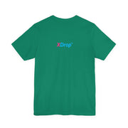 Unisex jersey short sleeve tee in green with XDrop logo, premium 100% cotton, retail fit, breathable and soft
