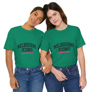 Two women wearing green unisex jersey short sleeve tees with "Melbourne Icons" text printed on front