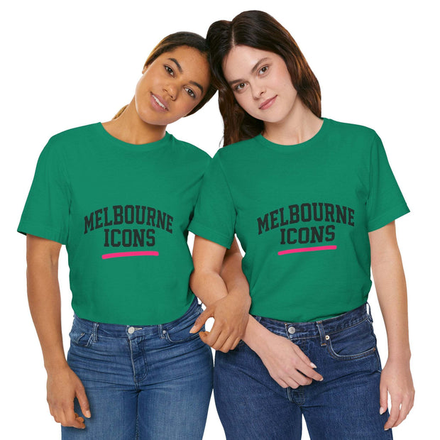 Two women wearing green unisex jersey short sleeve tees with "Melbourne Icons" text printed on front