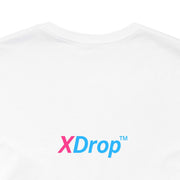 White unisex jersey short sleeve tee with XDrop logo, premium cotton, retail fit, and tear-away label