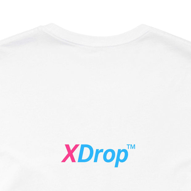 White unisex jersey short sleeve tee with XDrop logo, premium cotton, retail fit, and tear-away label