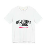 White unisex jersey short sleeve tee with Melbourne Icons print, made from premium 100% cotton, breathable and soft.