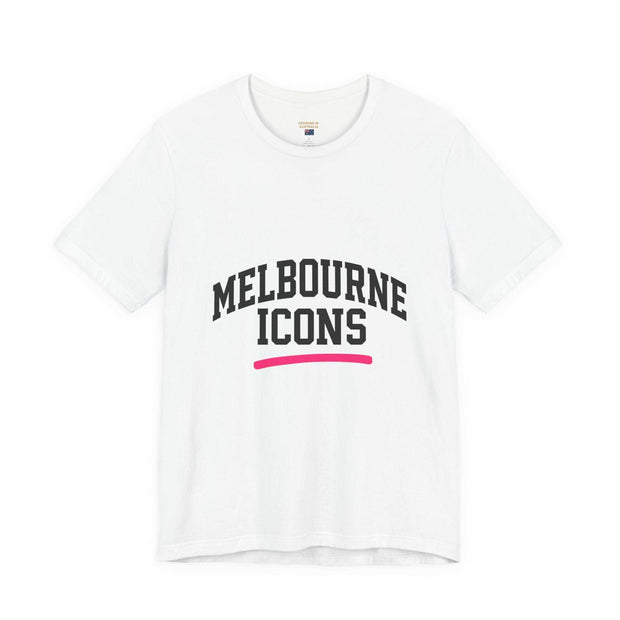White unisex jersey short sleeve tee with Melbourne Icons print, made from premium 100% cotton, breathable and soft.