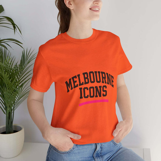 Unisex jersey short sleeve tee in bright orange with Melbourne Icons print, premium soft breathable cotton, streetwear fit