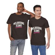Two men wearing black unisex jersey short sleeve tees with "Melbourne Icons" printed on the front in white and pink text