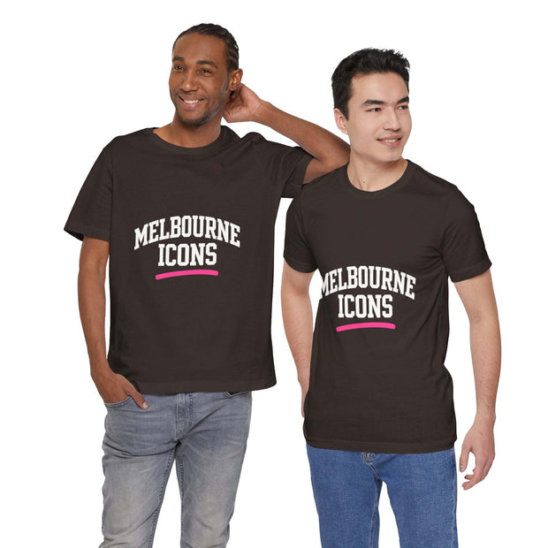 Two men wearing black unisex jersey short sleeve tees with "Melbourne Icons" printed on the front in white and pink text
