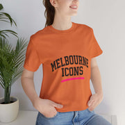 Unisex jersey short sleeve tee in orange with "Melbourne Icons" print, premium cotton, soft breathable fabric, retail fit