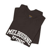 Folded black unisex jersey short sleeve tee with Melbourne Icons print, made from premium 100% cotton
