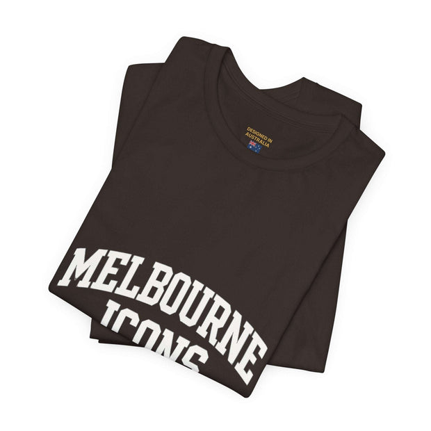 Folded black unisex jersey short sleeve tee with Melbourne Icons print, made from premium 100% cotton