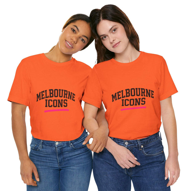 Unisex jersey short sleeve tee in orange with Melbourne Icons print, premium cotton, retail fit, breathable and soft