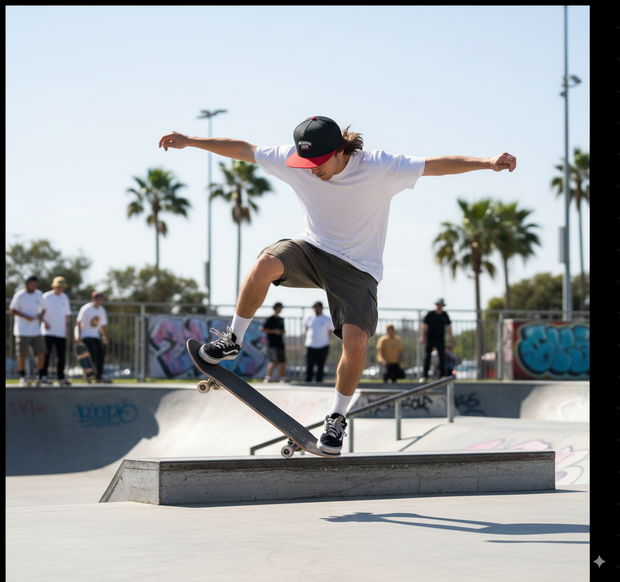 Skateboarder performing trick wearing Melbourne Icons Embroidered Flat Bill Cap in a skate park with palm trees and graffiti background
