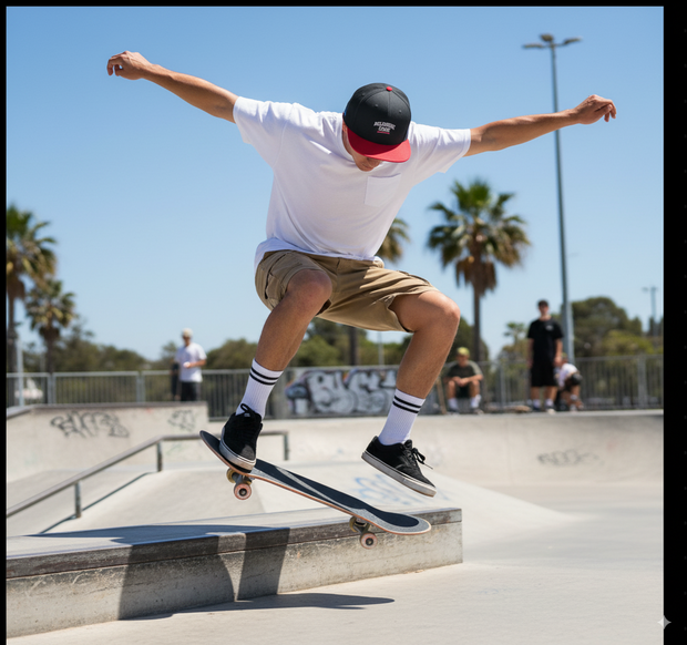 Skateboarder wearing Melbourne Icons Embroidered Flat Bill Cap performing a trick at a sunny skatepark