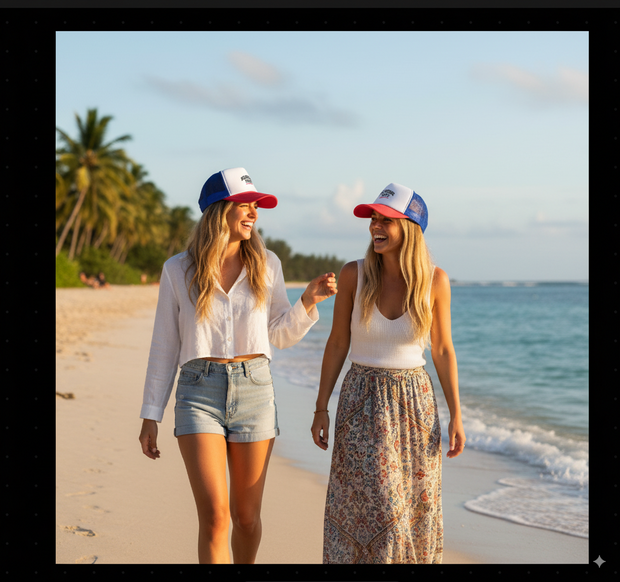 Two women walking on beach wearing Melbourne Icons Trucker Caps with breathable mesh panels and adjustable straps